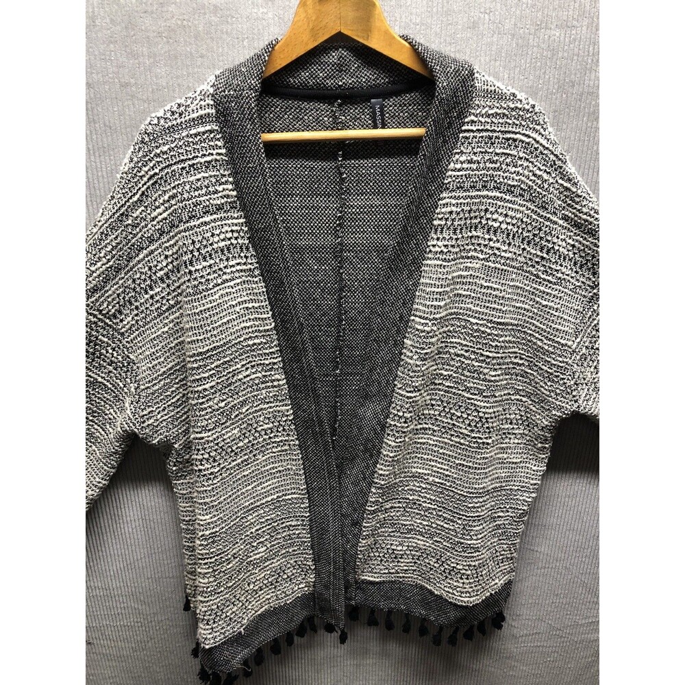 Massini Open Front Cardigan 2X Tassel Fringe Woven Black Off White Gray